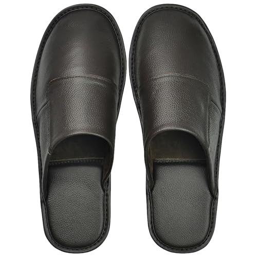 Image of Hwayslon Leather Slippers Men's Women's Leather Room Shoes Natural Cowhide Luxury Solid Color Unisex