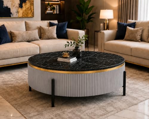 Image of WOODEN SPACE Premium Luxury Nazaara Marble-Top Coffee Table with Iron Legs & PVD Coating | Modern Round Wooden Center Table for Living Room & Entryway