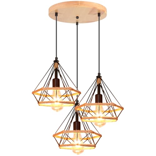iDEGU 3 Lampes Suspension Luminaire Vintage Lustre Plafonnier Industriel Luminaire Abat-jour 25CM en Métal et Corde de Chanvre Lampe E27 pour Salon Salle à Manger...
