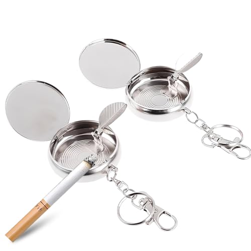 Posacenere Tascabile, Posacenere Portatili, 2 Pezzi Lega di Alluminio Portacenere Portatile da Tasca Antiodore con Coperchio e Anello Portachiavi, Mini Posacenere per Fumatori, Passeggiate e Viaggio