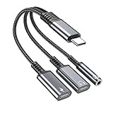 USB-C to 3.5mm Headphone and Charger Adapter, 3 in 1 Dual Type C Aux Splitter Charger Headphone Jack Dongle Cord Compatible for iPhone 15/16 Pro/Max/Plus, iPad, Samsung Galaxy S22/S23/S24 Ultra (Grey)