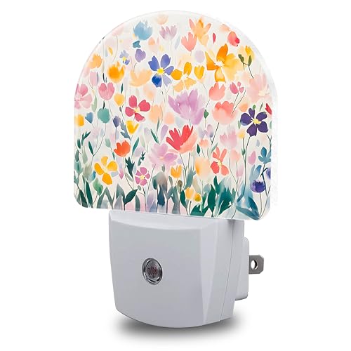 Image of Night Lights Plug into Wall Watercolor Floral Night Light Dusk to Dawn Smart Sensor Decorative Round Led Lamp for Bedroom Kitchen Hallway Nightlight for Women Men