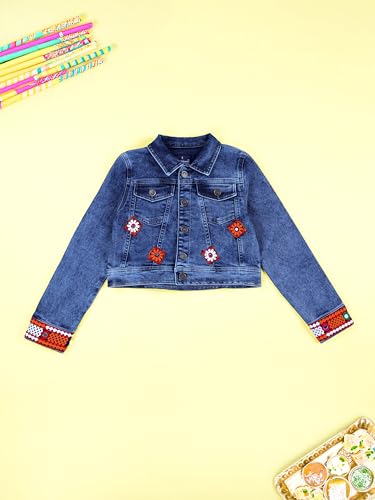 Image of Girls Full Sleeve Solid Crop Denim Jacket