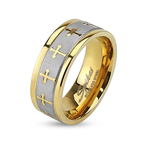 Paula & Fritz® Ring Herren Gold Keltisches Kreuz 316L Chirurgenstahl Größe 59 (18,8) 8-mm Ring-Breite Damen-Ring Partnerring Ehering Religion Motivring