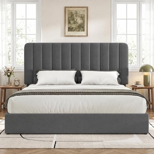 Image of VECELO Full Size Upholstered Bed Frame with 4 Drawers and Headboard, Velvet Platform Storage Bedframe, Wooden Slats Support, No Box Spring Needed,Dark Grey