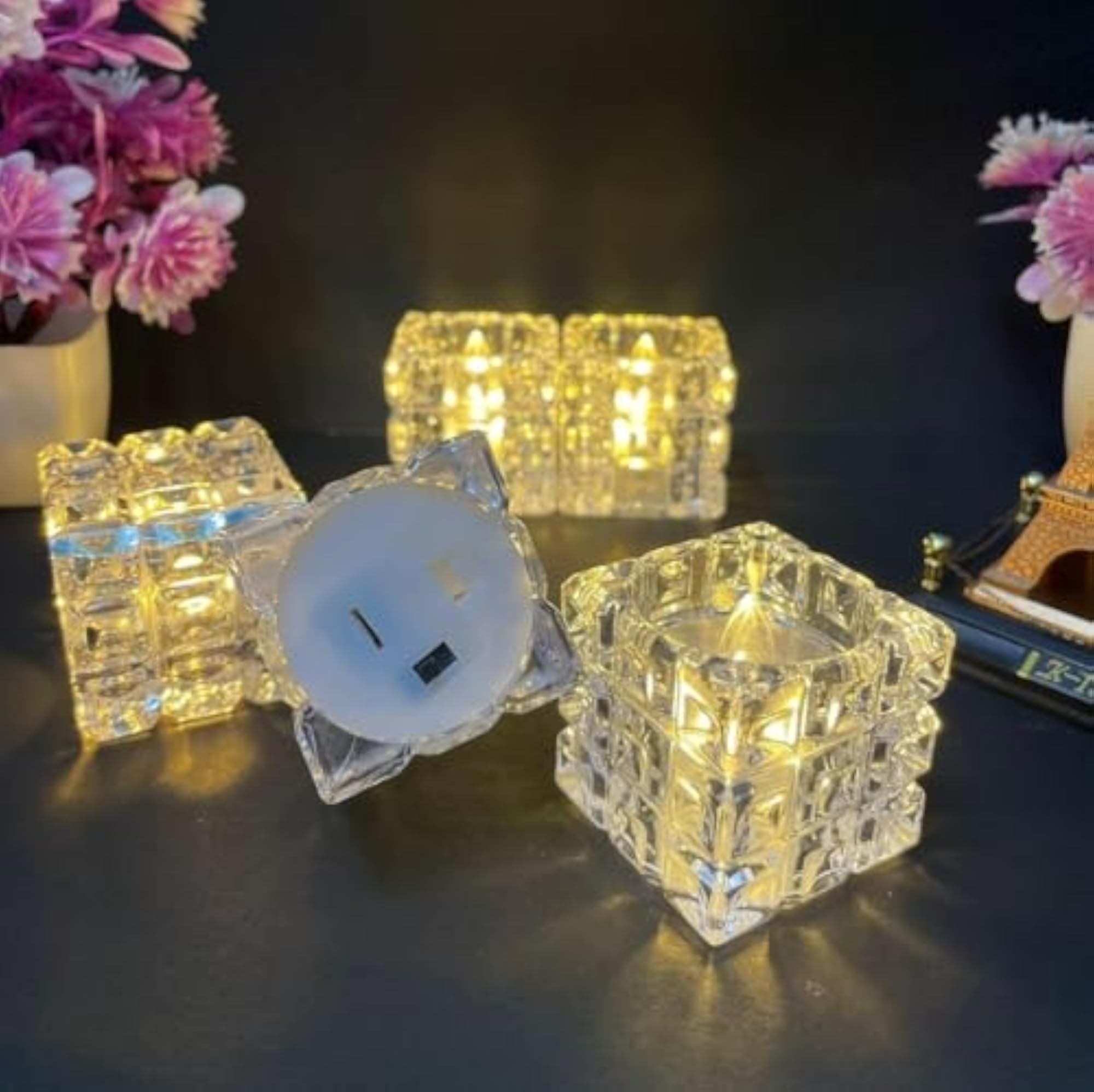 Block Crystal Tealight Candles, Flameless LED Diya
