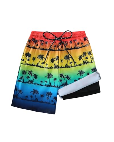 KIMI BEAR Boys Swim Trunks with Compression Liner Size 8 Boys Bathing Suit Quick Dry Board Shorts Teen Kids Swimsuits Orange Blue