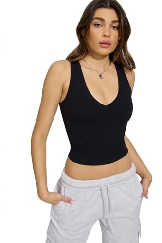 Image of V Neck Sleeveless Crop Top, Black, Casual Style for Women