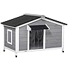 PawHut Dog House Outdoor, Wooden Cabin Style Raised Dog Kennel Shelter with Openable Roof, Removable Bottom, Windows, Curtain, Foot Covers, for Small and Medium Dogs, Gray