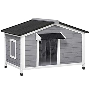 PawHut Dog House Outdoor, Wooden Cabin Style Raised Dog Kennel Shelter with Openable Roof, Removable Bottom, Windows, Curtain, Foot Covers, for Small and Medium Dogs, Gray