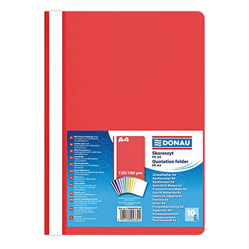 DONAU 1702001PL-04 Plastik Schnellhefter A4 Rot/ Sichthefter Kunststoff aus öko PP-Folie 120/180 µm/ mit transparentem Deckel/ für Büro und Schule/ Fassungsvermögen ca. 200 Blatt | 10er Pack