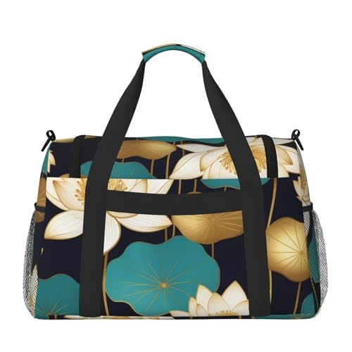 Boho Gold Lotusflowers Print Travel Duffle Bag - Foldable Personal Item Travel Bag for Women & Men,Carry-On Convertible Crossbody Tote Bags with Adjustable Shoulder Strap & Pockets 13x10.2x19.7 in2