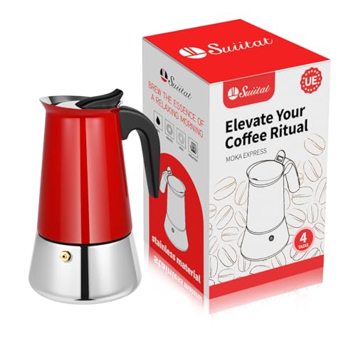Image of Moka Pot, 4 Cups (7.1 oz) Stovetop Espresso Maker, 304 Stainless Steel Moka Pot, Induction Compatible, Red