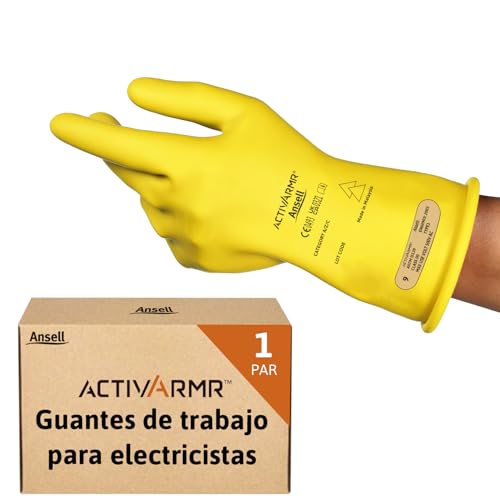 Ansell ActivArmr Guantes Aislantes Dieléctricos, Protección Eléctrica Class 00 (Tensión 500V), Trabajos con Electricidad, Látex de Caucho Natural, 28cm, Amarillo, Talla L (1 Par)