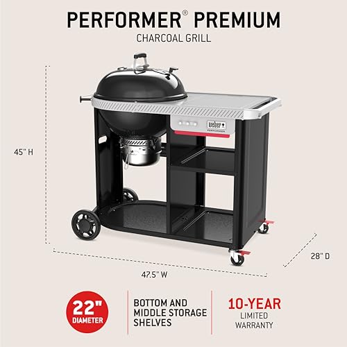 Image of Weber Performer 22‑Inch Premium Charcoal Grill for Outdoor Cooking - Black, Porcelain-Enameled Finish, Weber Works Side Table & Side Rail with Prep Table, Kettle