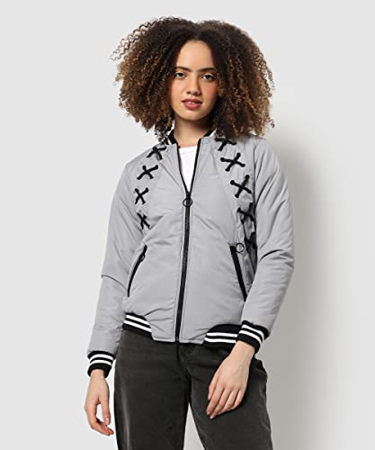 Image of PINACOLADA Women's Grey Puffer Regular Fit Bomber Jacket For Winter Wear | Low-Cut Standing Collar | Full Sleeve | Zipper | Casual Jacket For Woman & Girl | Western Stylish Jacket For Women