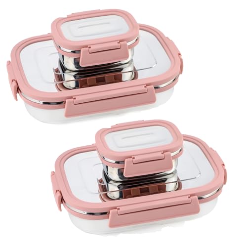 Image of Premium Stainless Steel Tiffin Lunch Box Set, 700ml + 200ml | Leak-Proof, Airtight, Food Grade Steel | 4 Side Clip Lock Lid (2PC Pink, Lunch Box - for Kids)