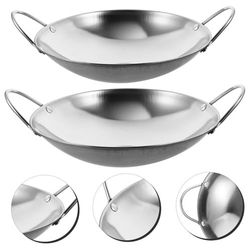 Wok de acero inoxidable doble mango fondo plano 2 piezas miniatura 5