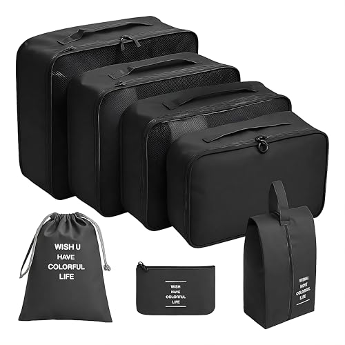 Kirk Kit Organizador de Malas Viagem 7 Peças, Cubos Organizadores Poliéster Premium, Bolsas e Necessaires para Roupas, Sapatos e Cosméticos (Preto)