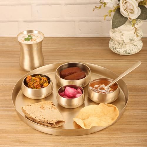Image of The healing store 7-Piece Kansa Solid Dinner Set|Shine Finish|1 Plate (11.5 inch Thali),3 Bowls,1 Glass,1 Sweet Dish Plate,1 Spoon | Bronze Kansa Dinner Set 7 matt Polish