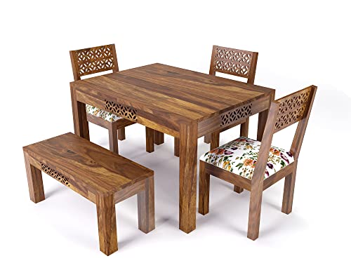 Image of Sheesham Wood 4 Seater Dining Table Set for Home Hall || Solid Wood Dining Table with 3 Chairs and Bench for Hotels || Dining Room Sets - Teak Finish
