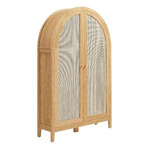 Modway Calista 63 Inch Arched Storage Cabinet with Folding Desk in Oak - Tall Faux Rattan Cabinet with Doors and Shelves for Hallways Living Rooms or Home Office