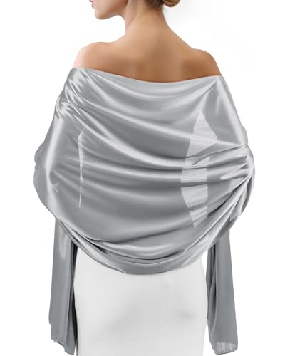 Sofier Satin Shawl Wraps for Women Evening Dresses Wedding Bridal Party Silky Scarf Formal Cover Up Bridesmaid Gifts Silver