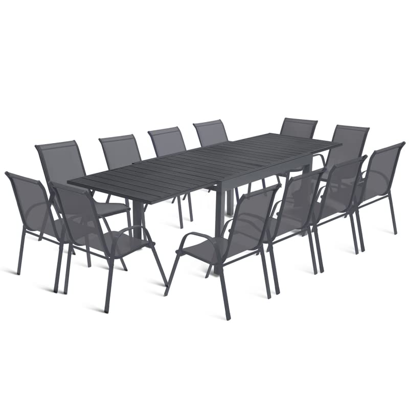 IDMarket - Salon de Jardin Poly Extensible Table 135-270 CM et 12 chaises Gris Anthracite