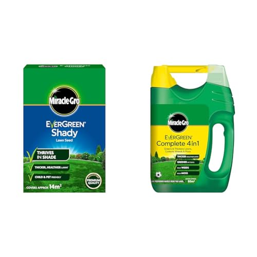 Miracle-Gro EverGreen Shady Lawn Seed 420 g - 14 m2 & 121187 EverGreen Complete 4-in-1 Spreader, Lawn Food, Weed & Moss Control, 80 m2, Yellow