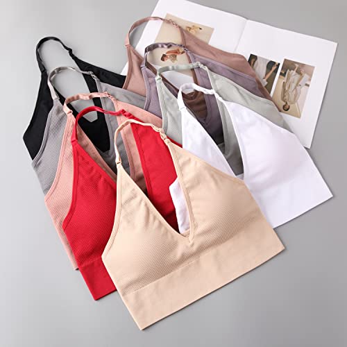 Image of Women Halter Bra Top Yoga Bralette Crop Tanks Workout Sports Bras V Neck with Adjustable Strap Seamless Padded