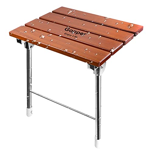 Teak Folding Shower Seat Wall Mounted With Legs,Fold Down Shower Bench For Small Shower Space, Home Care Wpc Stool For Inside Shower,Pregnants-Maximum Load 440Lb (Red Teak Shower Seat) #TOP5