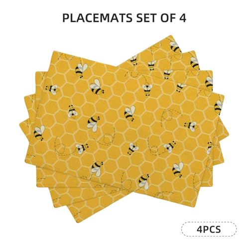 Mustard Yellow Placemats Set of 4 Cute Honey Bee Summer Decor Place Mats 12x18 Inch Honeycomb Seasonal Holiday Decorative Linen Table Mats for Home Kitchen Dining Party Table Decoration — view 2