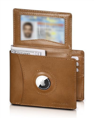 AirTag Wallet for Men - RFID Blocking, 2 ID Window, 12 Card Holders, 2 Bill Dividers, Top Grain Leather Bifold Wallet with AirTag Holder - Stylish Gift Box