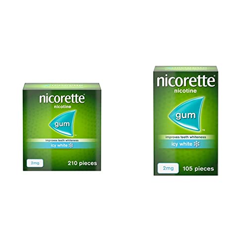 Nicorette Gum 2 mg Ice White, Fast, Whitening (1 Pack x 210 Pieces) and Nictotine Gum, Fast, Whitening (1 Pack x 105 Pieces)