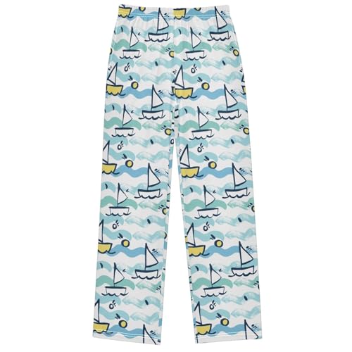 Boy's Pants Cartoon Yachts Seagulls Blue Sea Jogger Pants Elastic Waist Long Bottoms Trousers with Pocket 6-14 Years