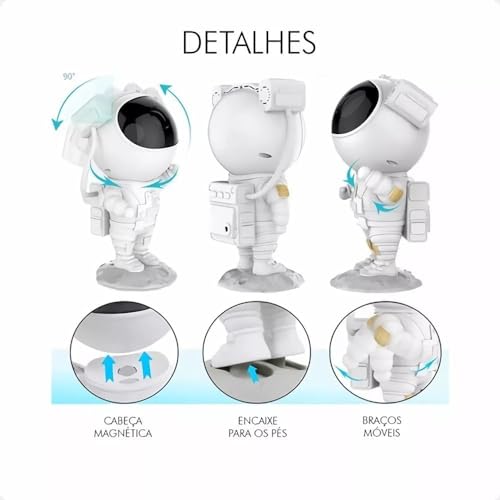 Luminária Astronauta Projetor de Luz Estrela e Galáxia com LED, Controle Remoto e Temporizador