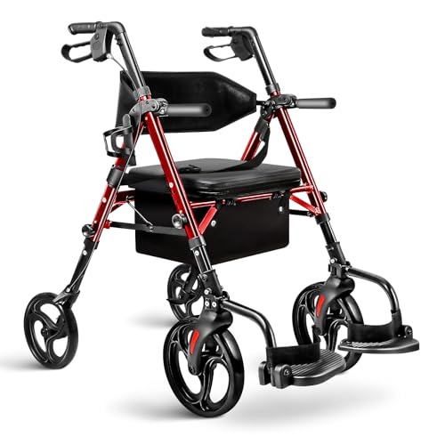 Flyingjoy Foldable 2-in-1 Rollator Walker and Wheelchair Combo for Seniors with Seat, Heavy Duty Transport Chair 300 lbs Capacity, Lightweight, Anti-Tip Brakes, Adjustable Height 33.5"-40" (Red)