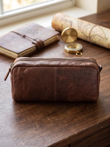Image of Calfnero Genuine Leather Toiletry Bag for Men & Women | Premium Leather Travel-Pouch | Toiletry Organizer | Cosmetic & Shaving Kit Bag | Unisex Travel Dopp Kit (Kara)