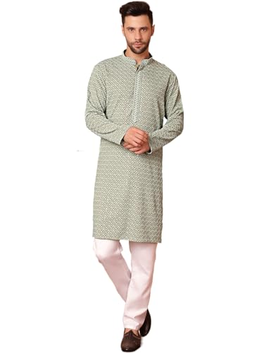 Image of Jompers Men's Pista Embroidered and Sequence Kurta with Pyjama (Pista, S)