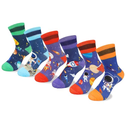 Queenshin 6 Pares Calcetines Niño Infantiles Astronauta Espacio Cohete Planeta Colorido Calcetín Crew Cómodo Regalos 3-5 años Tamaño 26-28