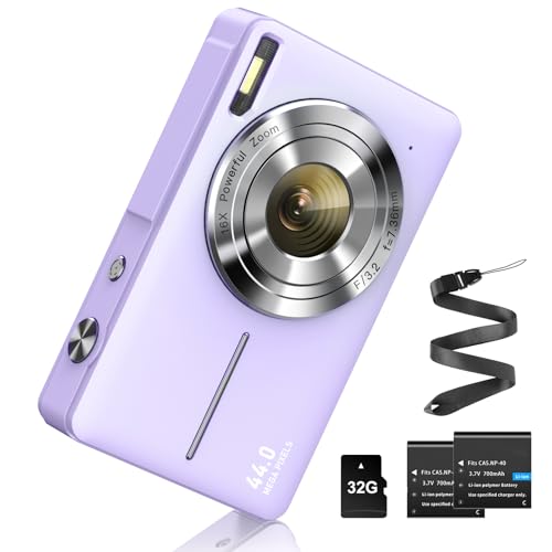 Digitalkamera 44MP Fotokamera FHD 1080P Fotoapparat mit 32G Karte 16X Digitalzoom Digital Kamera mit Batterie Tragbare Einfache Digitalkamera für Kinder Student Teenager Anfänger Senioren (Lila)
