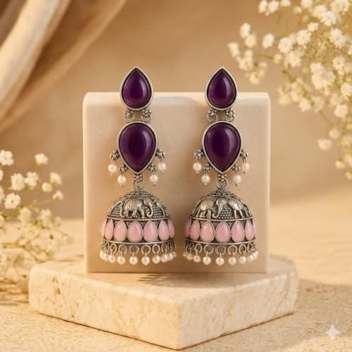 Image of Oxidised Silver Jhumka Earrings with Purple Stones, Pink Teardrop Accents and Pearl Drops