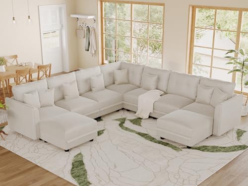 Image of LLappuil Modular Sectional Sofa with Storage, U-Shaped 9-Seat Corduroy Couch with 8 Throw Pillows, Pet-Friendly Convertible Pit Sofa for Living Room, Skin-Friendly & Soft, Beige