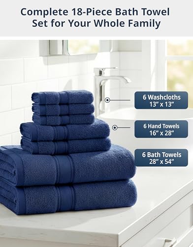 Image of Lane Linen 100% Cotton Luxury Bathroom Towel Set - 18 Pcs - Zero Twist, Quick Dry, Super Soft & Absorbent - 6 Bath, 6 Washcloths, 6 Hand Towels - Remains Fluffy Even After Multiple Washes - Navy Blue