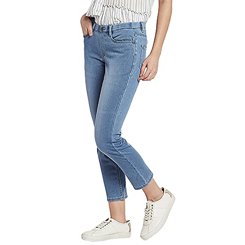 Image of GO COLORS Cotton Blend Cropped Denim Jeggings for Women | Slim Fit, Mid Rise, Light Blue