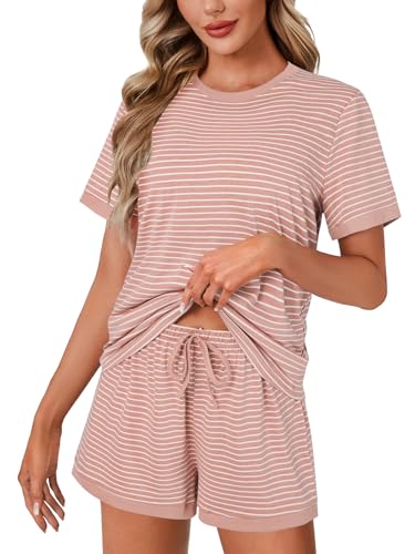 Image of LYANER Pajama Set for Women 2 Piece Lounge Set Striped Crew neck Short Sleeve Tops and Shorts Soft Sleepwear