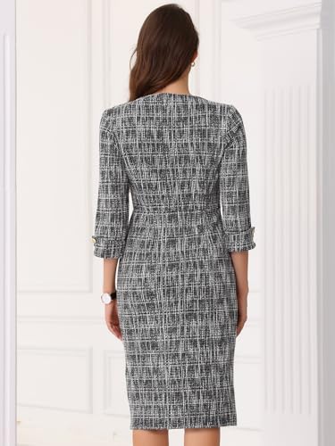Image of Allegra K Tweed Dress for Women's Boat Neck 3 /4 Sleeve Elegant Work Pencil Sheath Dress