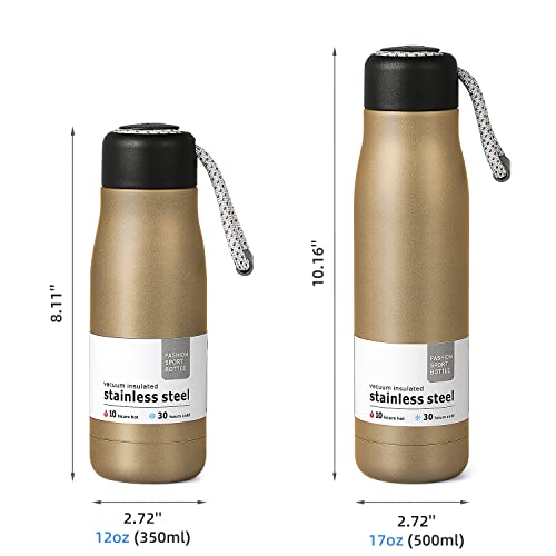 12 Oz Insulated Water Bottle, Dusgut Wide Mouth Water Bottle,Stainless Steel,Wide Mouth Portable Lid, Gold #TOP4