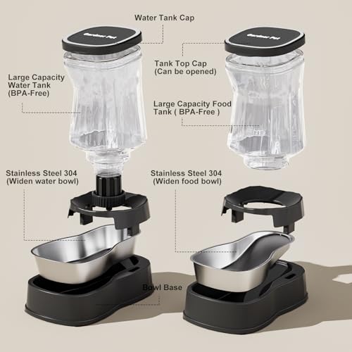 Automatic Pets Gravity Feeder and Water Dispenser Set with Stainless Steel Bowl, 1Gallon x 2 Stable Dog Food Feeder and Waterer, 100% BPA-Free for Small&Medium Dogs, Cats, Puppies(Black) - Image 6