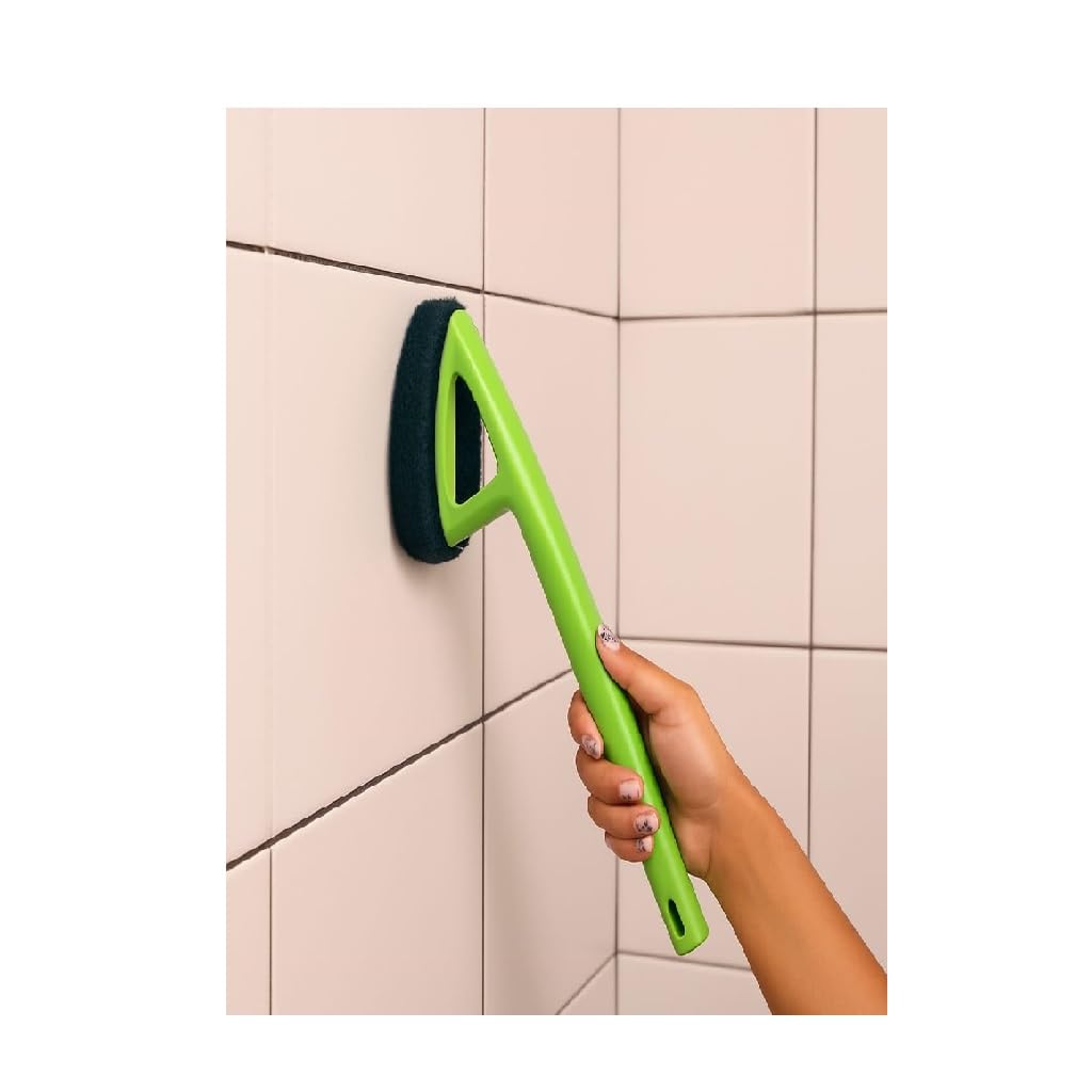Tile Scrubber Brush with Long Handle for Bathroom Wall Cleaning | Scouring Pad Head, Ergonomic Grip, Shower Tile Cleaner, Extended Reach, Green Colour-picture-20